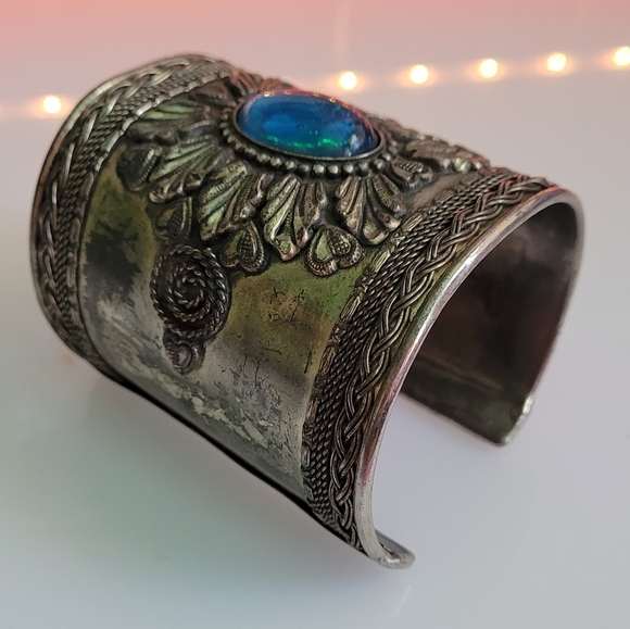 Vintage Glass Gemstone Silver Cuff Armor Free People Floral Boho Gypsy Blue - Picture 2 of 4